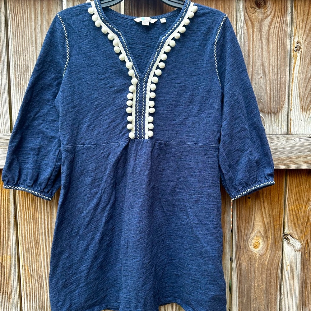 Boden swim cover up, terry cloth, dark blue with white trim, 8 petite